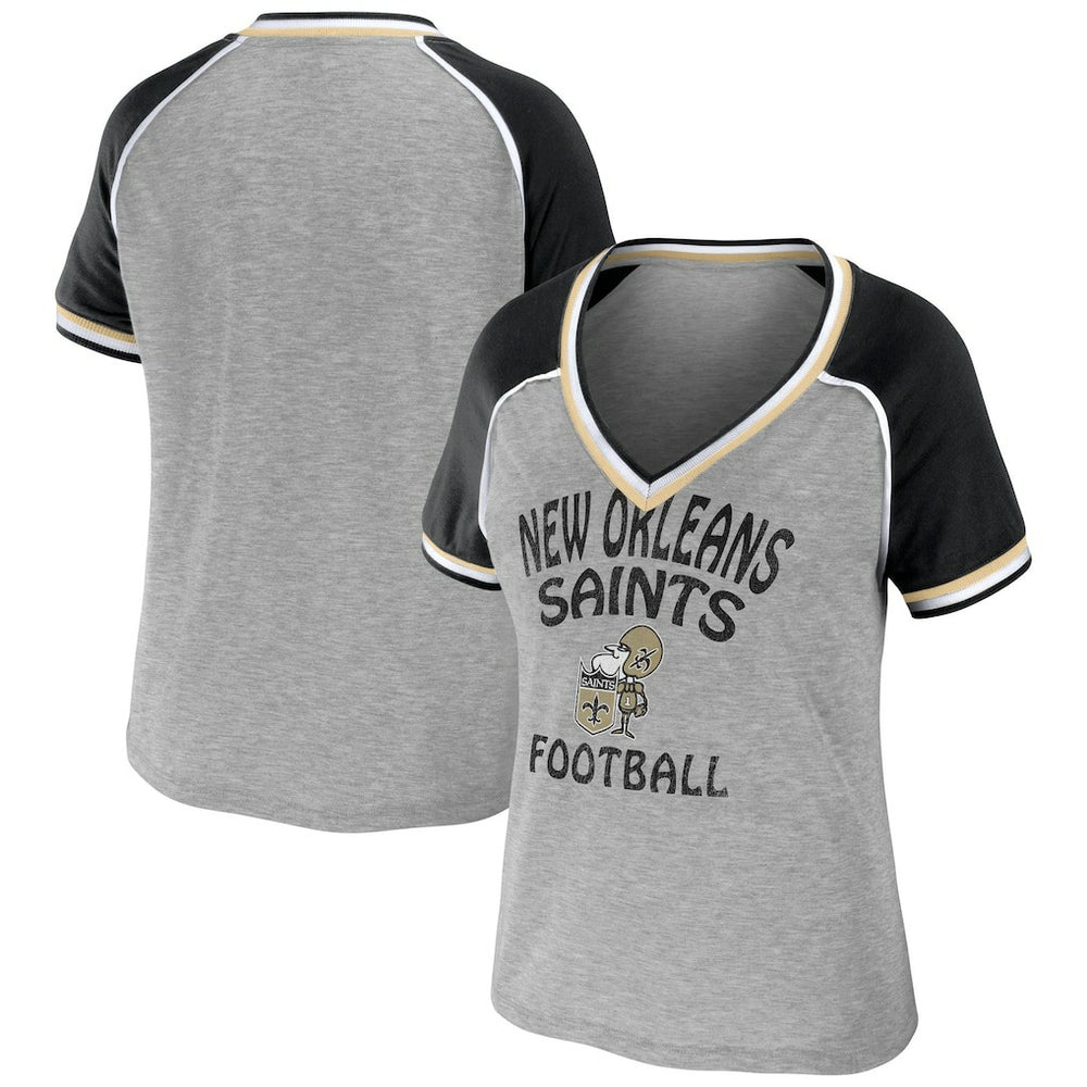 New Orleans Saints WEAR by Erin Andrews Women's Cropped Raglan Throwback V-Neck T-Shirt