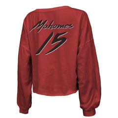 Kansas City Chiefs Patrick Mahomes Majestic Threads Women's Name & Number Off-Shoulder Script Cropped Long Sleeve Relaxed V-Neck T-Shirt