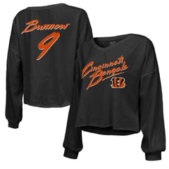 Cincinnati Bengals Joe Burrow Majestic Threads Women's Name & Number Off-Shoulder Script Cropped Long Sleeve Relaxed V-Neck T-Shirt