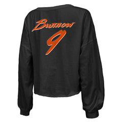 Cincinnati Bengals Joe Burrow Majestic Threads Women's Name & Number Off-Shoulder Script Cropped Long Sleeve Relaxed V-Neck T-Shirt
