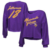Minnesota Vikings Justin Jefferson Majestic Threads Women's Name & Number Off-Shoulder Script Cropped Long Sleeve V-Neck T-Shirt