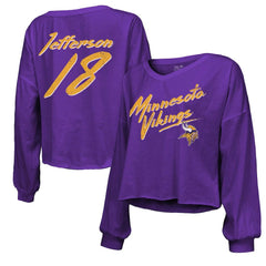 Minnesota Vikings Justin Jefferson Majestic Threads Women's Name & Number Off-Shoulder Script Cropped Long Sleeve V-Neck T-Shirt