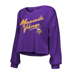 Minnesota Vikings Justin Jefferson Majestic Threads Women's Name & Number Off-Shoulder Script Cropped Long Sleeve V-Neck T-Shirt