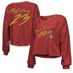 San Francisco 49ers Christian McCaffrey Majestic Threads Women's Name & Number Off-Shoulder Script Cropped Long Sleeve V-Neck T-Shirt