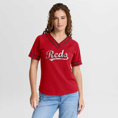 Cincinnati Reds Fanatics Women's Diva Race Ahead Raglan V-Neck T-Shirt | MLB For sale