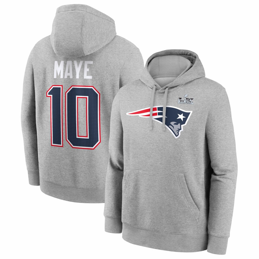 New England Patriots Nike Drake Maye Super Bowl LX Patch Name & Number Hoodie