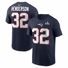 New England Patriots Nike TreVeyon Henderson Super Bowl LX Patch Name & Number T-Shirt