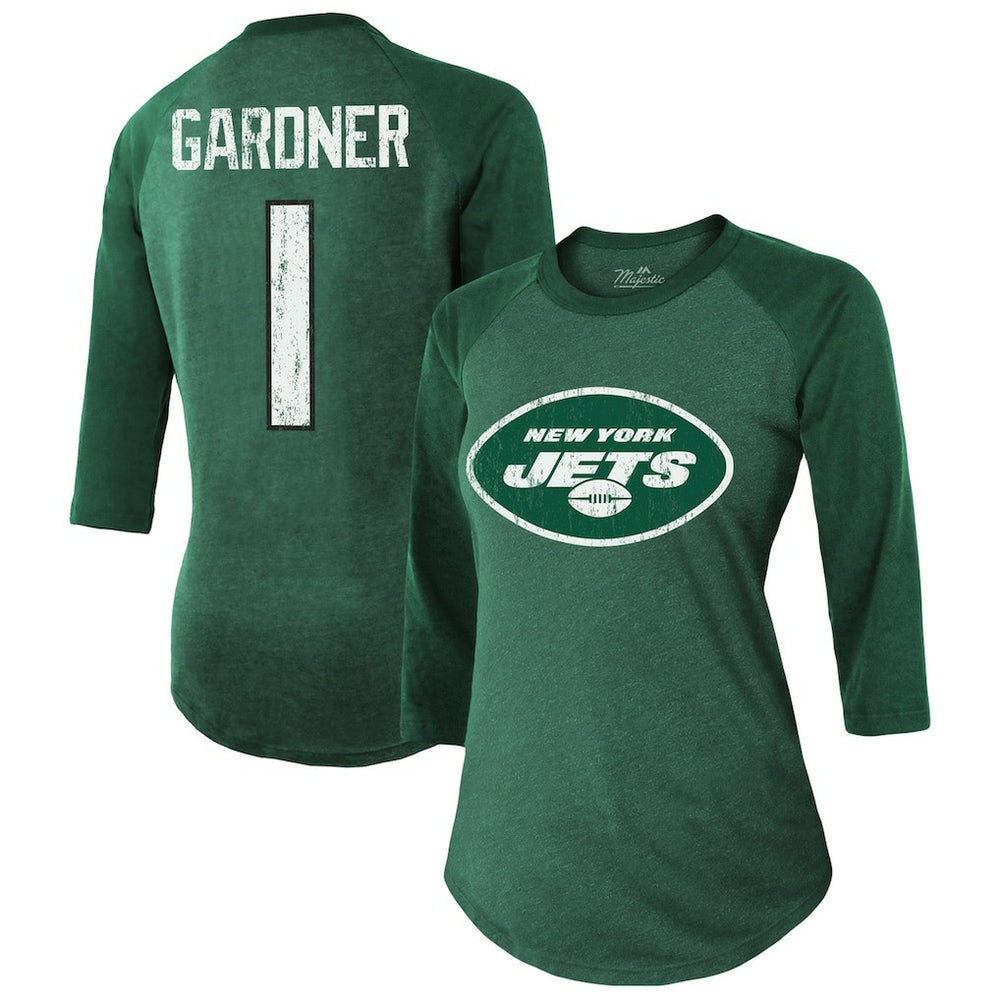 New York Jets Ahmad Sauce Gardner Majestic Threads Women's Player Name & Number Tri-Blend 3/4-Sleeve Fitted T-Shirt