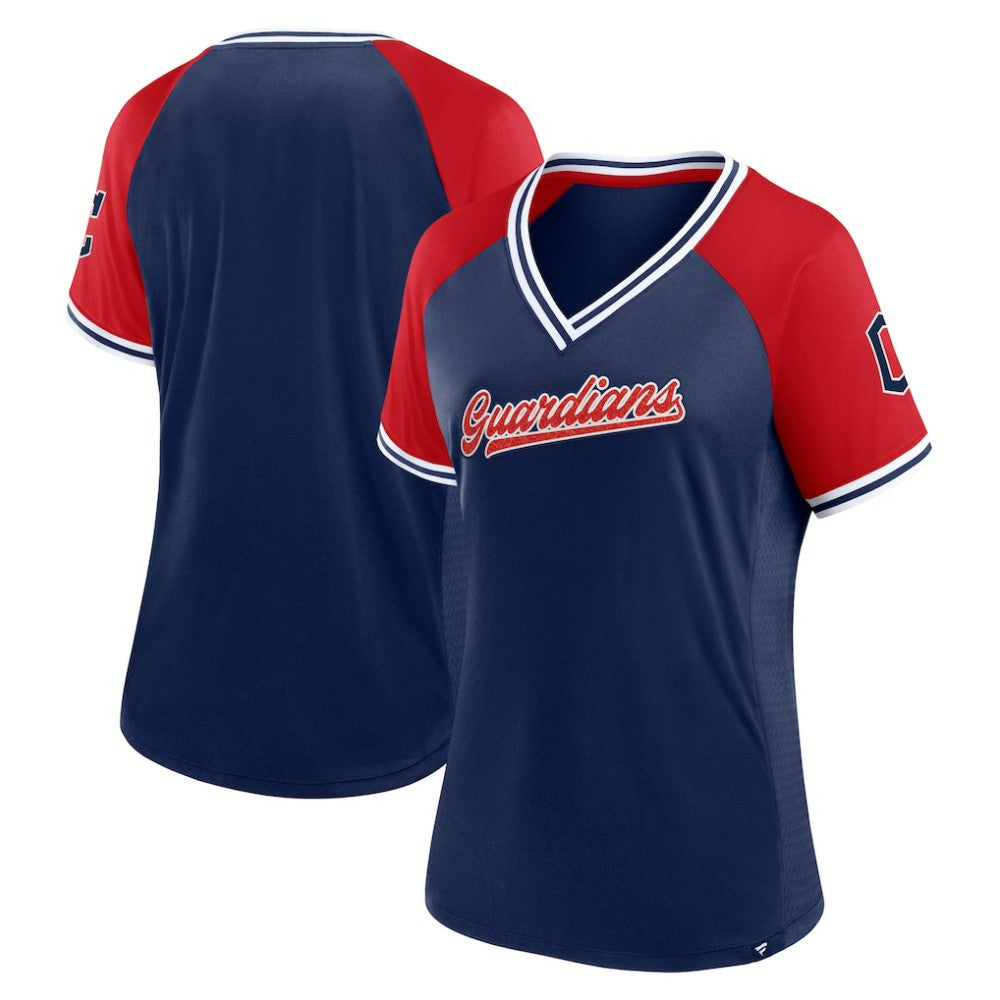 Cleveland Guardians Fanatics Women's Glitz & Glam League Diva Raglan V-Neck T-Shirt | MLB New