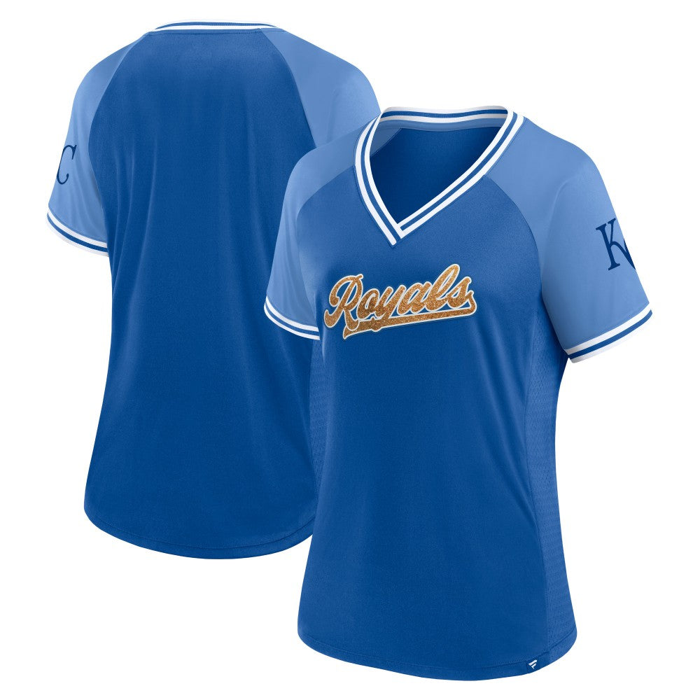 Kansas City Royals Fanatics Women's Glitz & Glam League Diva Raglan V-Neck T-Shirt | MLB US
