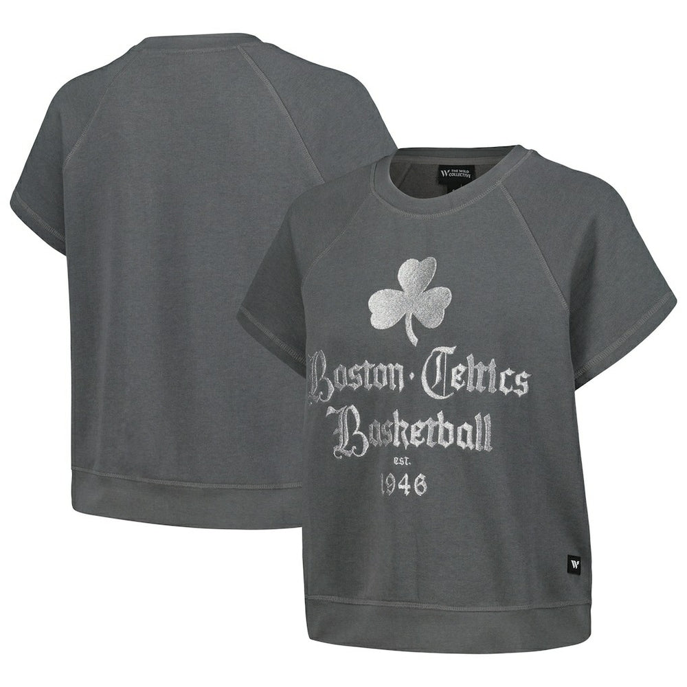 Boston Celtics The Wild Collective Women's Embroidered Fleece Raglan Short Sleeve Pullover Sweatshirt Online