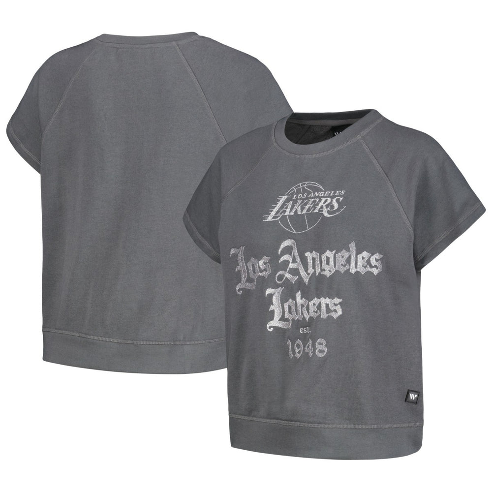 Los Angeles Lakers The Wild Collective Women's Embroidered Fleece Raglan Short Sleeve Pullover Sweatshirt On Sale