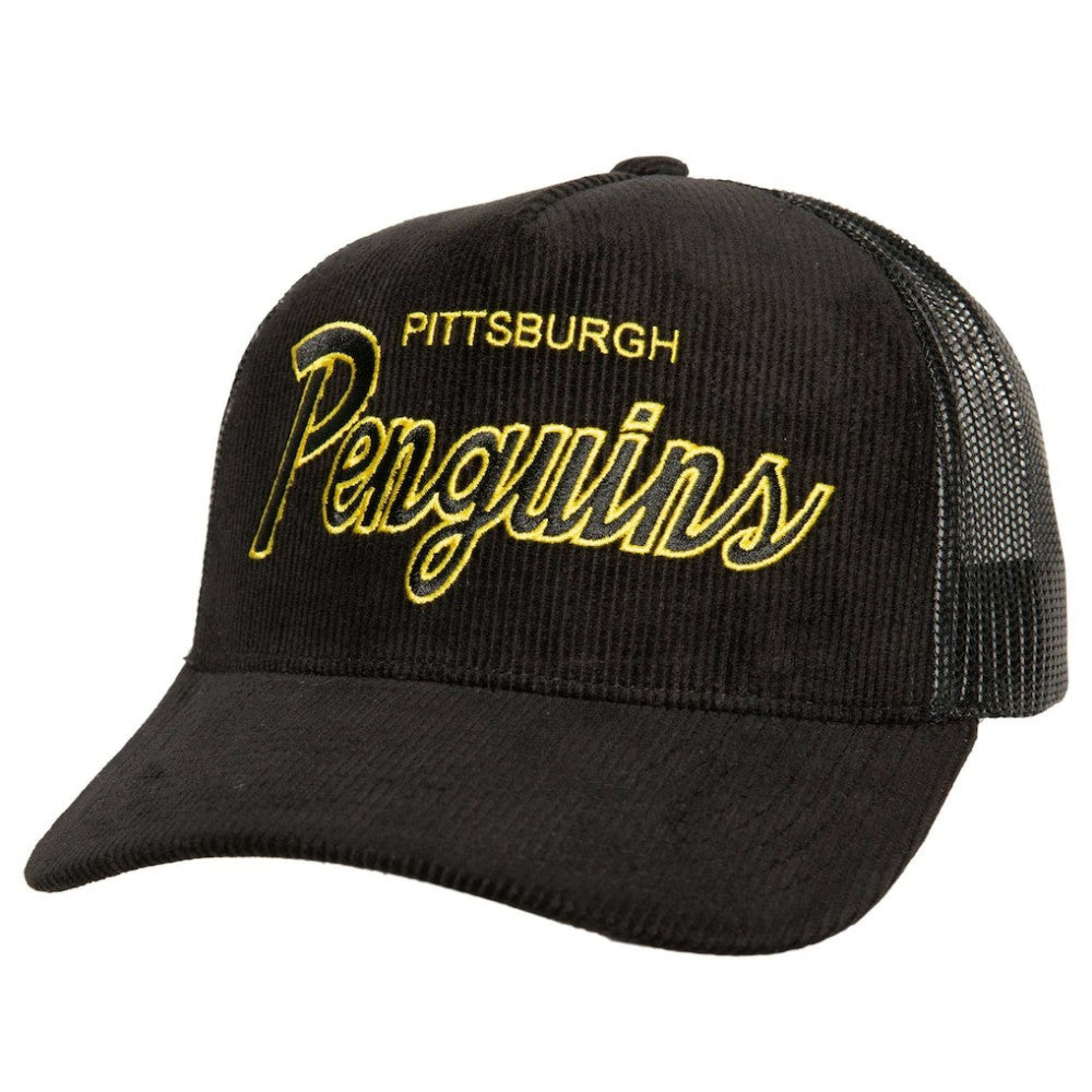 Pittsburgh Penguins Mitchell & Ness Times Up Classic Script Cord Trucker Adjustable Hat Outlet