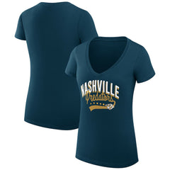 Nashville Predators G-III 4Her by Carl Banks Women's Super-Slim Fit Lightweight Filigree Logo V-Neck T-Shirt – Navy For Sale