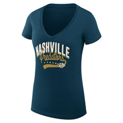 Nashville Predators G-III 4Her by Carl Banks Women's Super-Slim Fit Lightweight Filigree Logo V-Neck T-Shirt – Navy For Sale