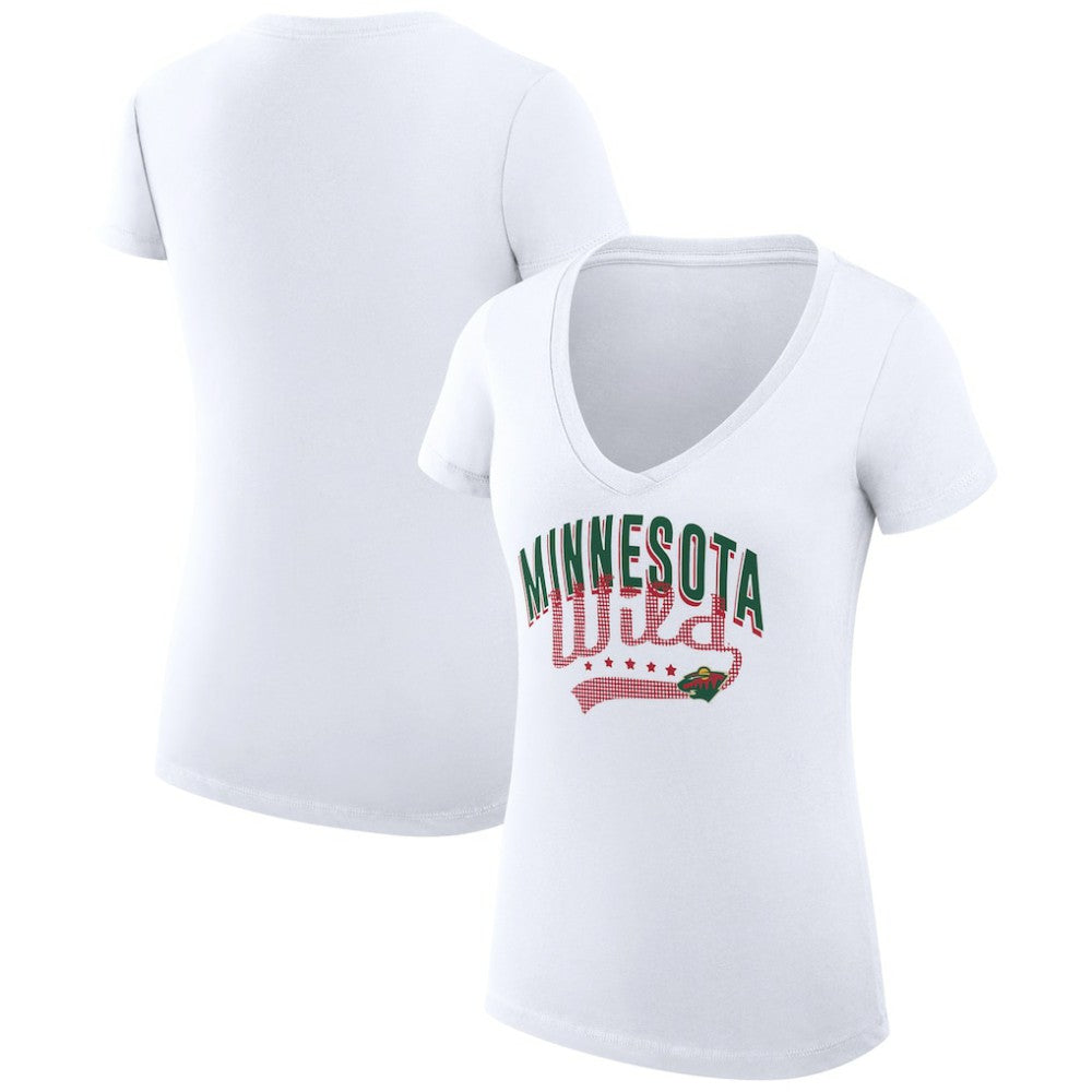Minnesota Wild G-III 4Her by Carl Banks Women's Super-Slim Fit Lightweight Filigree Logo V-Neck T-Shirt – White For Sale