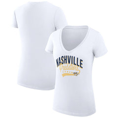 Nashville Predators G-III 4Her by Carl Banks Women's Super-Slim Fit Lightweight Filigree Logo V-Neck T-Shirt – White On Sale