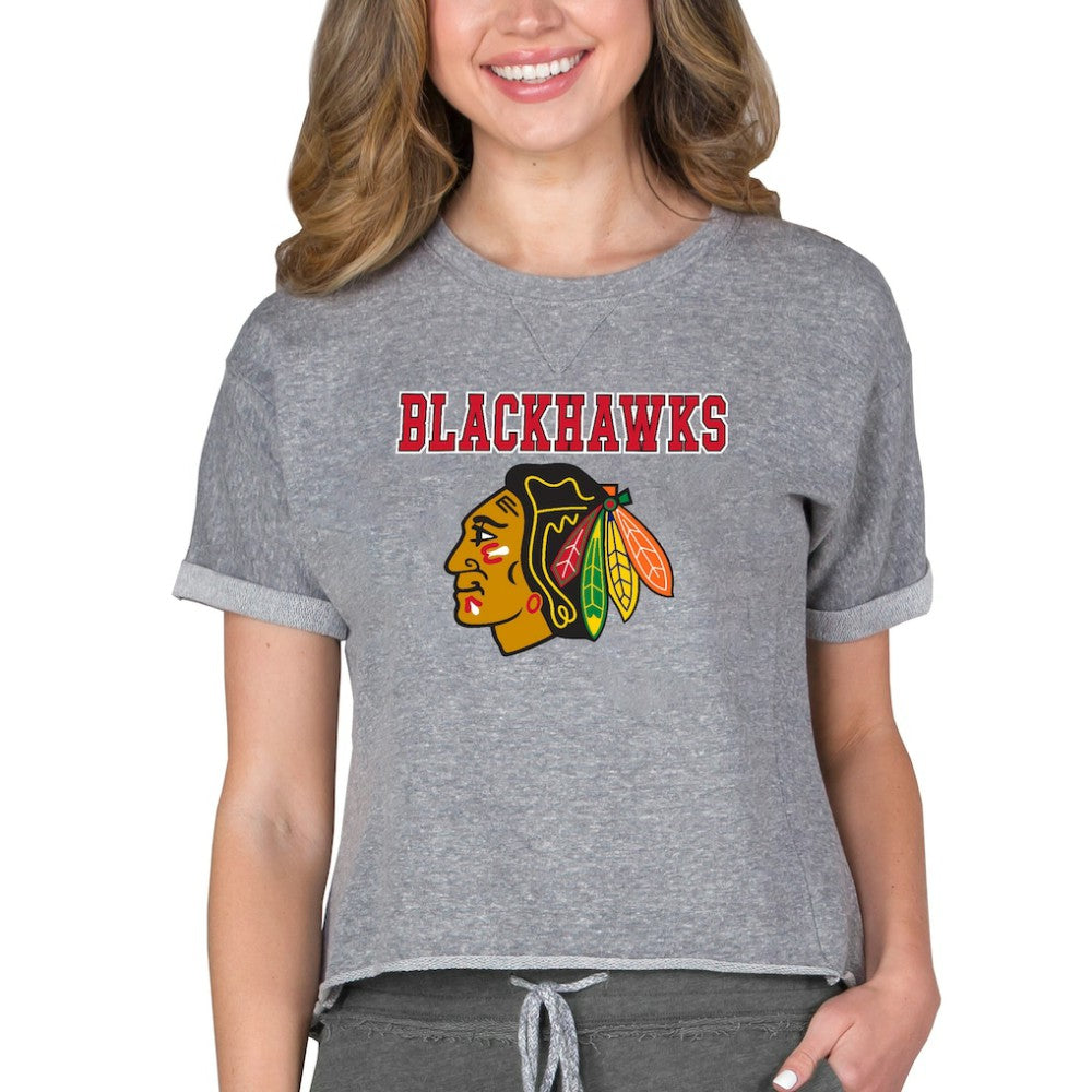 Chicago Blackhawks Concepts Sport Women's Tri-Blend Mainstream Terry Short Sleeve Sweatshirt Top On Sale