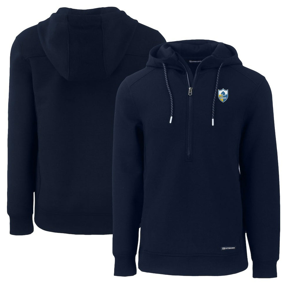 Los Angeles Chargers Cutter & Buck Throwback Roam Eco Half-Zip Recycled Pullover Hoodie