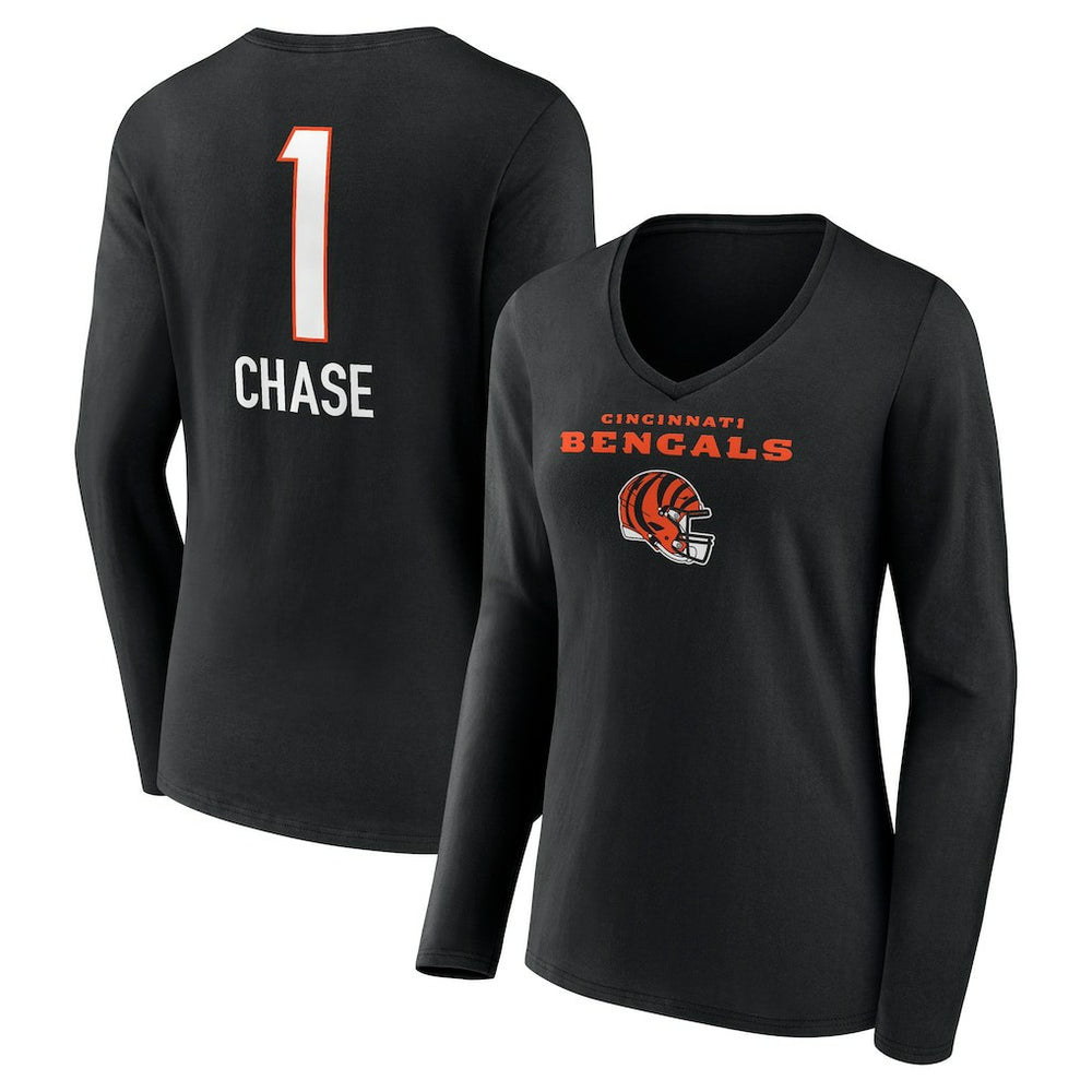 Cincinnati Bengals Ja'Marr Chase Women's Team Wordmark Player Name & Number Long Sleeve V-Neck T-Shirt