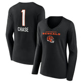Cincinnati Bengals Ja'Marr Chase Women's Team Wordmark Player Name & Number Long Sleeve V-Neck T-Shirt