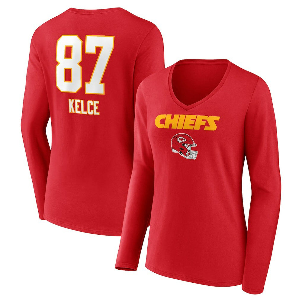 Kansas City Chiefs Travis Kelce Women's Team Wordmark Player Name & Number Long Sleeve V-Neck T-Shirt