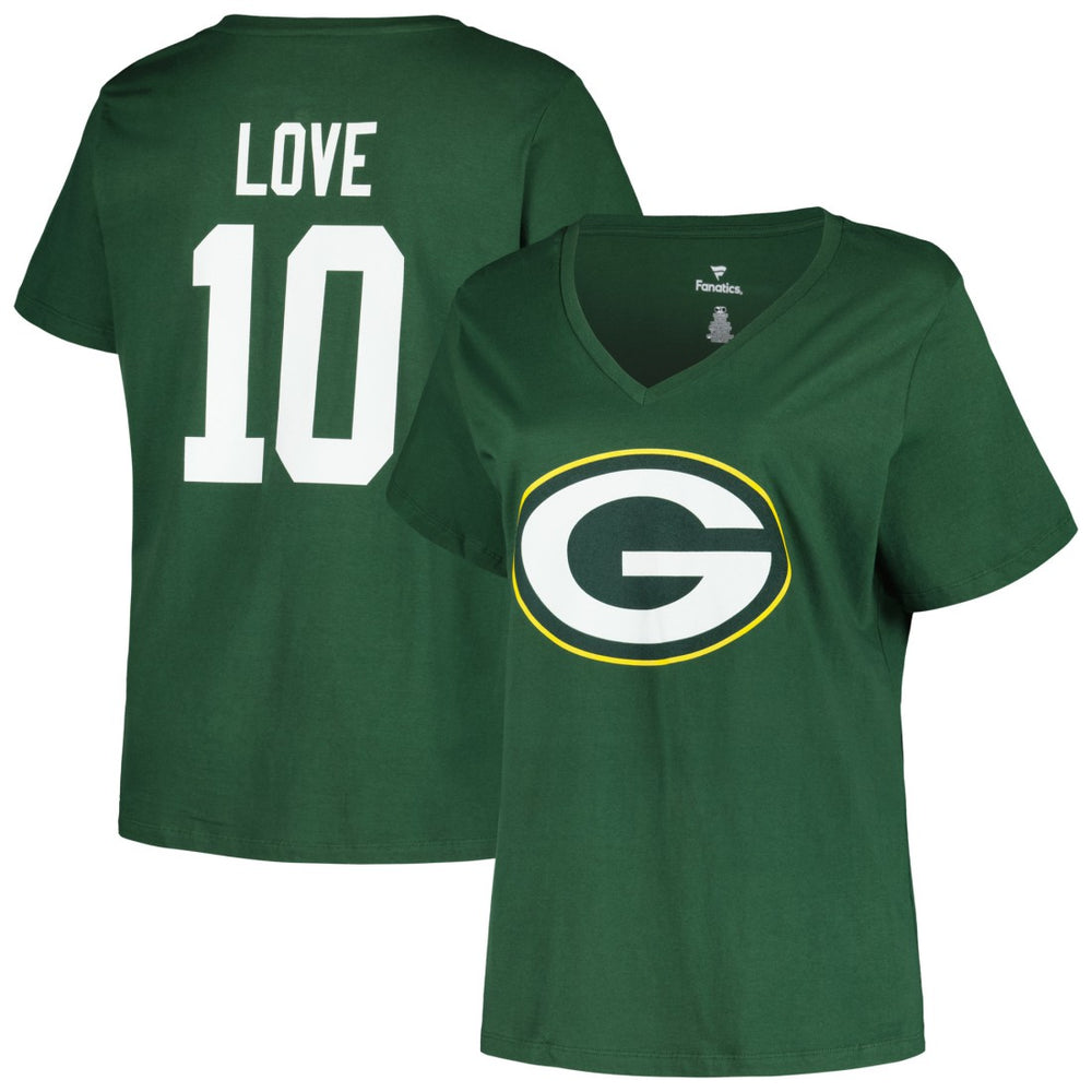 Green Bay Packers Fanatics Jordan Love Women's Plus Size Name & Number V-Neck T-Shirt