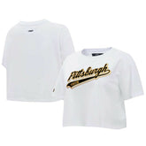Pittsburgh Penguins Pro Standard Women's Boxy Script Tail Cropped T-Shirt On Sale