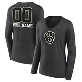 Milwaukee Brewers Women's Personalized Monochrome Name & Number Long Sleeve V-Neck T-Shirt | MLB Shop