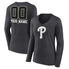 Philadelphia Phillies Women's Personalized Monochrome Name & Number Long Sleeve V-Neck T-Shirt | MLB On Sale