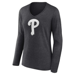 Philadelphia Phillies Women's Personalized Monochrome Name & Number Long Sleeve V-Neck T-Shirt | MLB On Sale