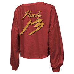 San Francisco 49ers Brock Purdy Majestic Threads Women's Name & Number Off-Shoulder Script Cropped Long Sleeve Relaxed V-Neck T-Shirt