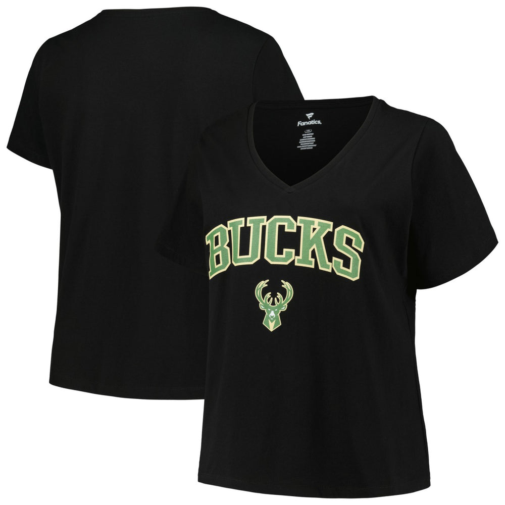 Milwaukee Bucks Profile Women's Plus Size Arch Over Logo V-Neck T-Shirt Discount