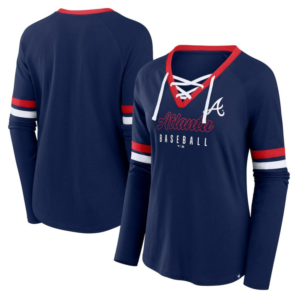 Atlanta Braves Fanatics Women's Won & Done Raglan Lace-Up Long Sleeve T-Shirt | MLB Shop