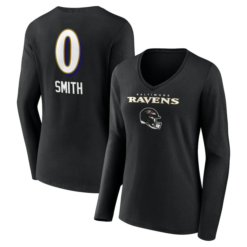 Baltimore Ravens Roquan Smith Women's Team Wordmark Player Name & Number Long Sleeve V-Neck T-Shirt