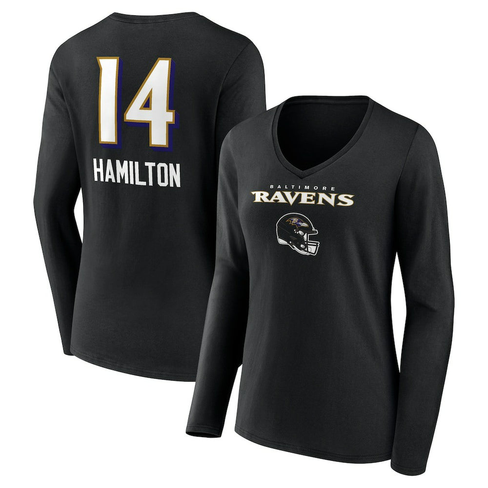 Baltimore Ravens Kyle Hamilton Women's Team Wordmark Player Name & Number Long Sleeve V-Neck T-Shirt