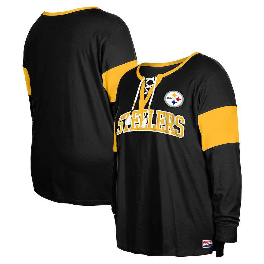 Pittsburgh Steelers New Era Women's Plus Size Lace-Up Notch Neck Long Sleeve T-Shirt