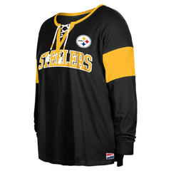 Pittsburgh Steelers New Era Women's Plus Size Lace-Up Notch Neck Long Sleeve T-Shirt