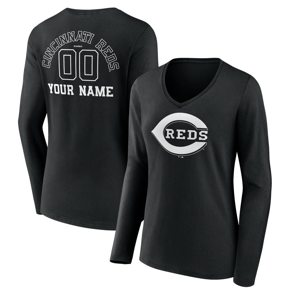 Cincinnati Reds Women's Monochrome Personalized Name & Number Long Sleeve V-Neck T-Shirt | MLB US