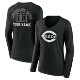 Cincinnati Reds Women's Monochrome Personalized Name & Number Long Sleeve V-Neck T-Shirt | MLB US