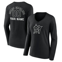 Miami Marlins Women's Monochrome Personalized Name & Number Long Sleeve V-Neck T-Shirt | MLB For sale