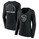Milwaukee Brewers Women's Monochrome Personalized Name & Number Long Sleeve V-Neck T-Shirt | MLB For sale