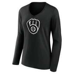 Milwaukee Brewers Women's Monochrome Personalized Name & Number Long Sleeve V-Neck T-Shirt | MLB For sale