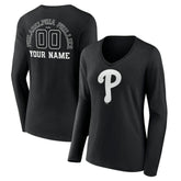 Philadelphia Phillies Women's Monochrome Personalized Name & Number Long Sleeve V-Neck T-Shirt | MLB For sale