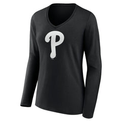 Philadelphia Phillies Women's Monochrome Personalized Name & Number Long Sleeve V-Neck T-Shirt | MLB For sale