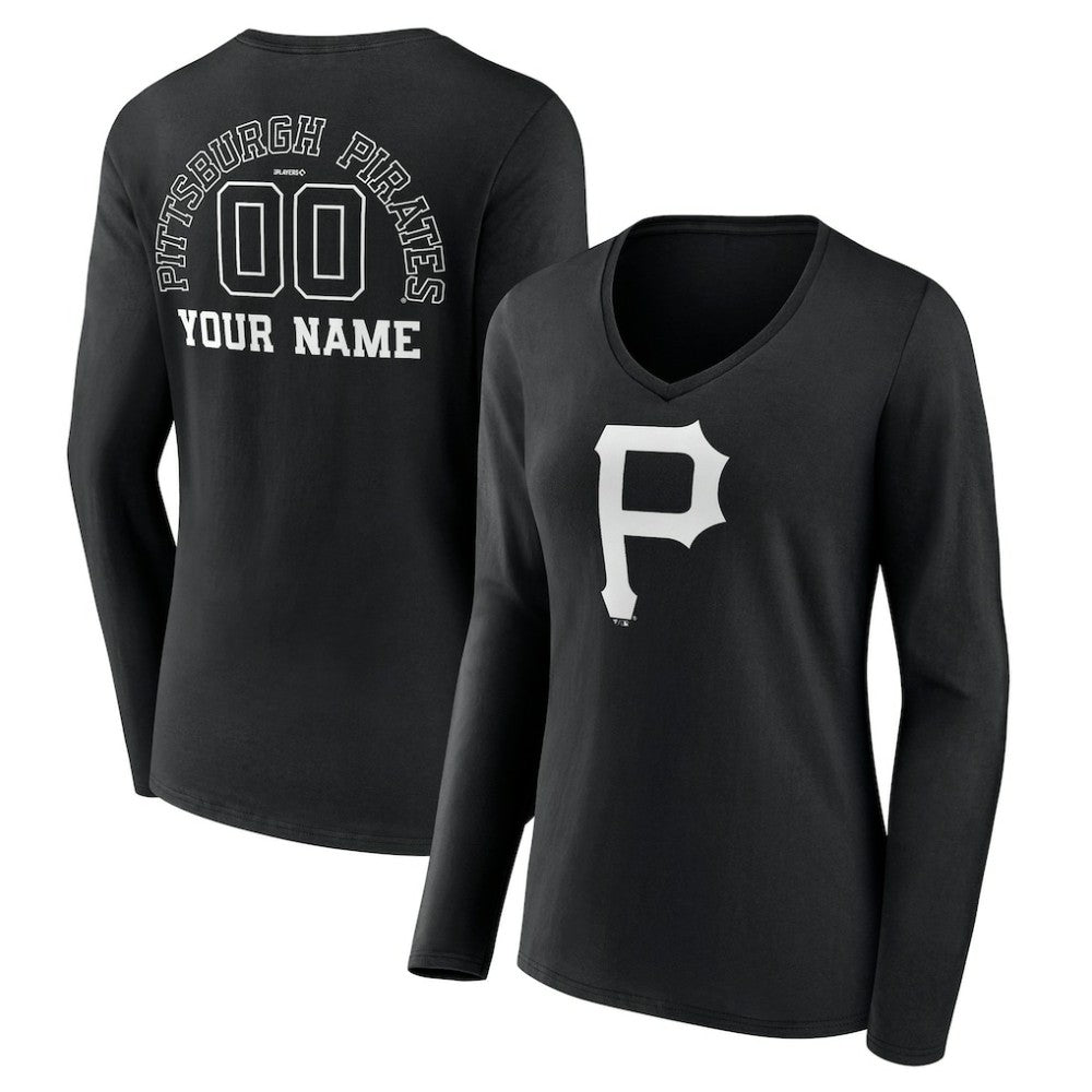 Pittsburgh Pirates Women's Monochrome Personalized Name & Number Long Sleeve V-Neck T-Shirt | MLB Near me