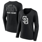 San Diego Padres Women's Monochrome Personalized Name & Number Long Sleeve V-Neck T-Shirt | MLB New