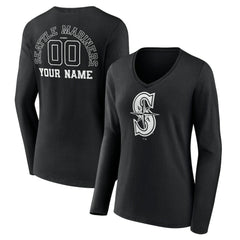 Seattle Mariners Women's Monochrome Personalized Name & Number Long Sleeve V-Neck T-Shirt | MLB Discount