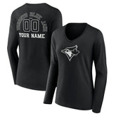 Toronto Blue Jays Women's Monochrome Personalized Name & Number Long Sleeve V-Neck T-Shirt | MLB New