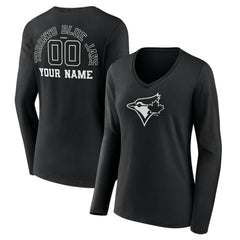Toronto Blue Jays Women's Monochrome Personalized Name & Number Long Sleeve V-Neck T-Shirt | MLB New